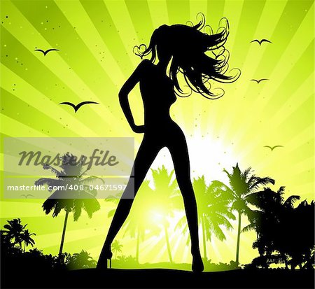 Summer holiday, beautiful girl silhouette on sunset