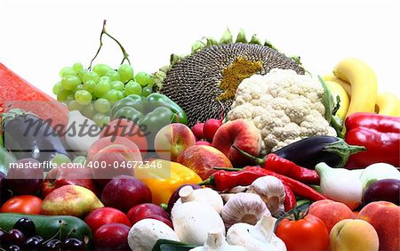 Fresh Vegetables, Fruits and other foodstuffs on white
