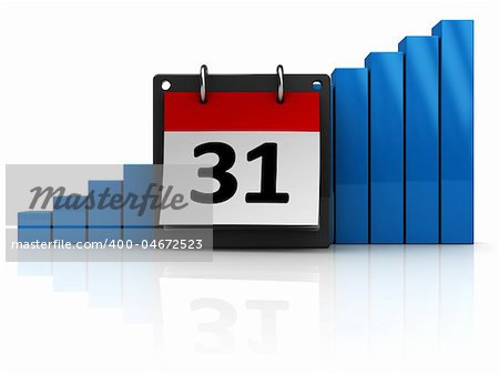 3d illustration of calendar with raising charts over white background