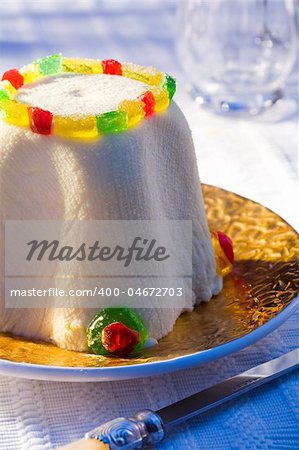 Easter curds pudding decorated with color marmalade