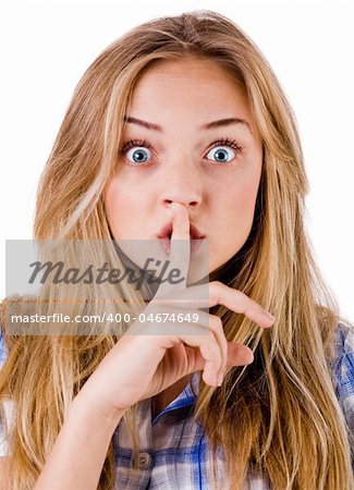 Women says ssshhh to maintain silence on a white background