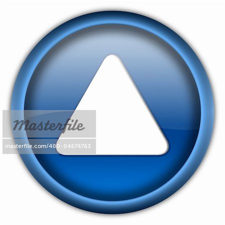 Blue glossy button with white triangle turned up isolated over white background