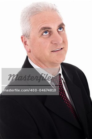 Portrait of thinking senior, business man on isolated background