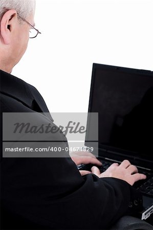 Rear view of business man working in laptop on white background