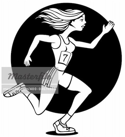 Cartoon of woman running a race wearing her badge number.