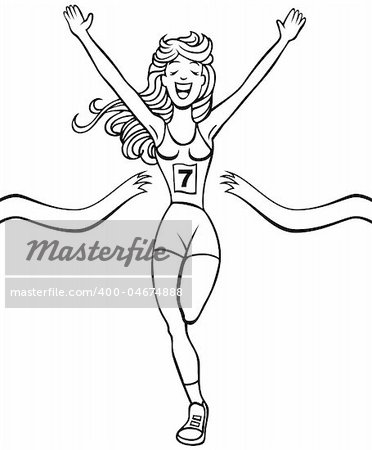 Cartoon of a woman reaching the finish line in a running event.