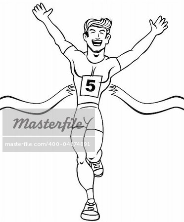 Cartoon of a man reaching the finish line in a running event.