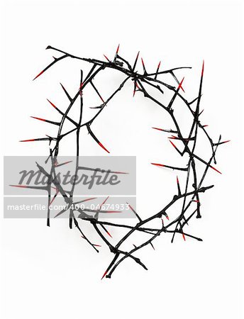 Crown of thorns - black with blood-red thorn points, isolated on white.