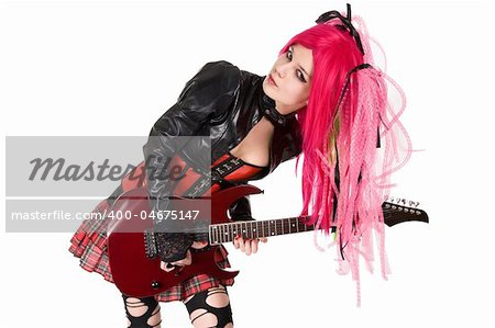 Gothic girl playing guitar, isolated on white background