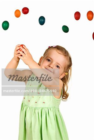 Little girl catching the easter eggs - isolated