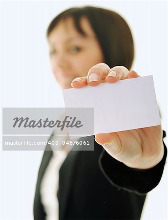 young business woman isolated on white showing and displaying empty business card ready for text