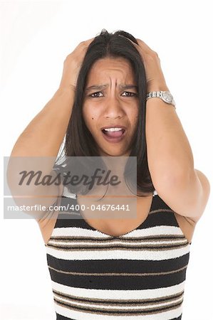 Young adult African-Indian businesswoman in casual office outfit with various facial expressions on a white background. Not Isolated