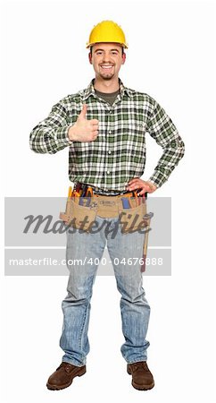 positive young caucasian handyman isolated on white