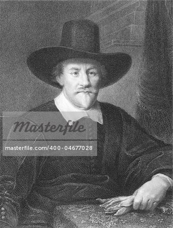 Hugo Grotius (1583-1645) on engraving from the 1800s. Dutch jurist, philosopher, theologian, Christian apologist, playwright and poet. Engraved by J.Pofselwhite and published in London by Charles Knight, Ludgate Street.