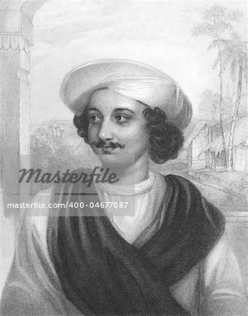 Kasiprasad Ghosh (1809-1873) on engraving from the 1800s. Indian Poet. Engraved by J.Cochran after a painting from J.Drummond and published in London by Fisher, Son & Co in 1834.