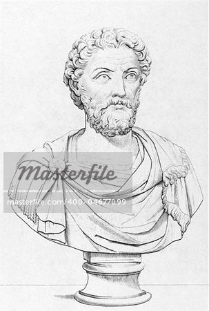 Marcus Aurelius (121-180) on engraving from the 1800s. Roman emperor during 161-180. Engraved by G.Fusaro.