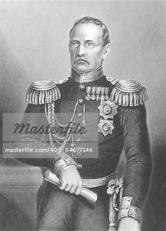 Prince Mikhail Dmitrievich (1795-1861) on engraving from the 1800s. Russian General of Artillery. Drawn and engraved by D.J.Pound and published byt the London Printing & Publishing Company.