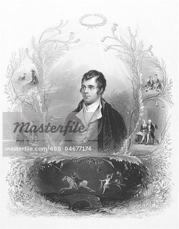 Robert Burns (1759-1796) on engraving from the 1800s. Scottish poet and lyricist. The national poet of Scotland.  Engraved by A.H. Payne and published in London by Brain & Payne 12 Paternoster Row.