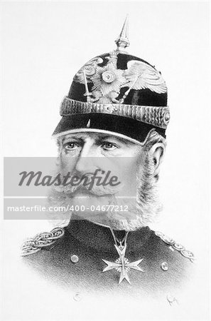 Wilhelm I (1797-1888) on engraving from the 1800s. King of Prussia during 1861-1888 and first German Emperor during 1871-1888. Published in London by J.Hagger.