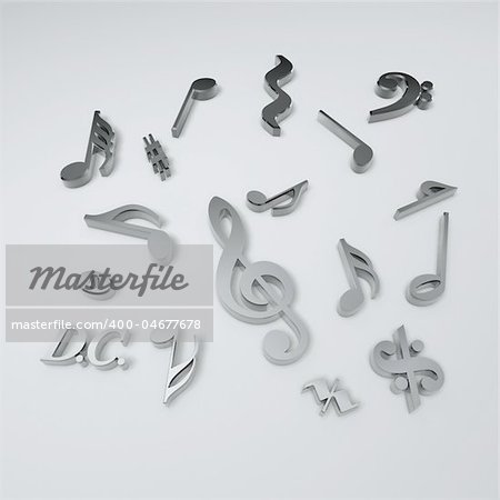 silver music symbols isolated on white background