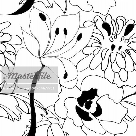 Black and white seamless pattern with flowers