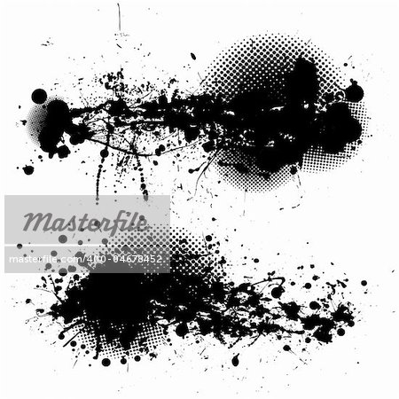 two black ink splats with halftone dots and white background