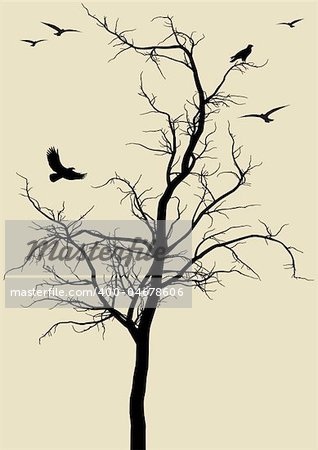 black tree silhouette with eagles, vector background