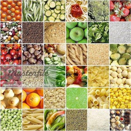 Food collage including pictures of vegetables, fruit, pasta