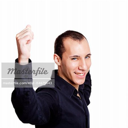 Portrait of a young and happy businessman, isolated on white background