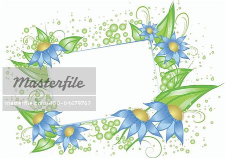 A white card for text surrounded with the blue flowers and leaves