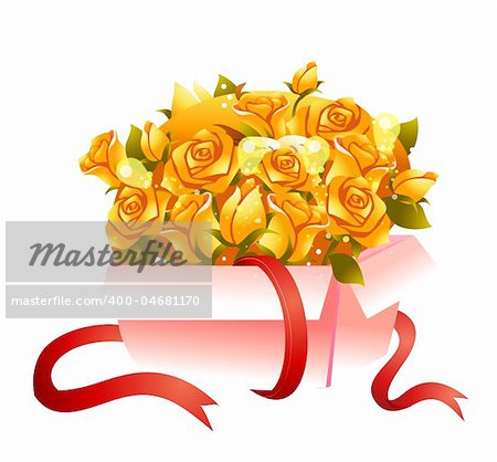 a pile of yellow roses in a pink box with red ribbon,valentine's day gift