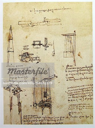 Leonardo's Da Vinci engineering drawing  from 1503 on textured background.