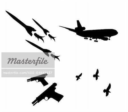 drawing of black airplane,gun and pigeon