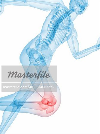 3d rendered x-ray illustration of a running man with highlighted knee