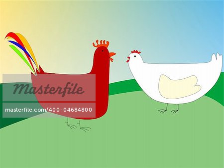 chicken and rooster drawing, vector art illustration; more drawings in my gallery