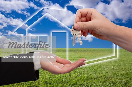 Handing Over Keys on Ghosted Home Icon, Grass Field, Clouds and Sky.