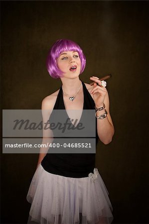 Portrait of woman with shiny purple hair
