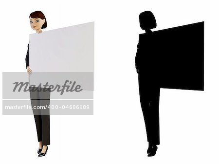 3d businesswoman and panel on a white background with alpha mask