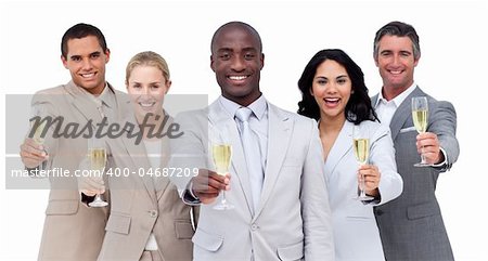 Portrait of multi-cultural business team drinking champagne against a white background