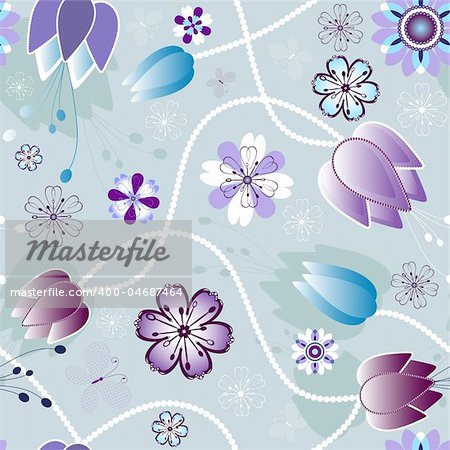 Seamless gentle violet and grey floral pattern with flowers and  butterflies (vector)