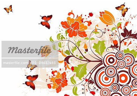 Grunge floral frame with butterfly and circle, element for design, vector illustration