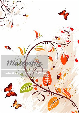 Grunge floral frame with butterfly, element for design, vector illustration