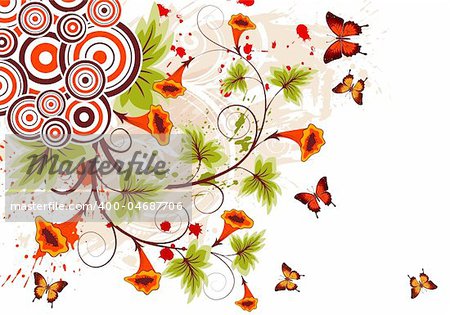 Grunge floral frame with butterfly and circle, element for design, vector illustration