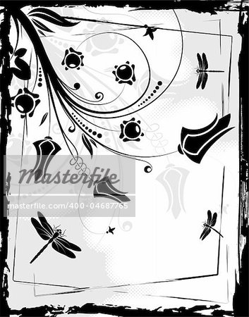 Grunge floral frame with dragonfly, element for design, vector illustration