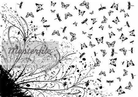 Grunge floral background with plenty of butterfly and dragonfly, element for design, vector illustration