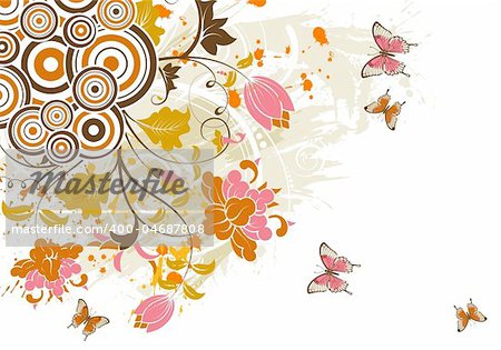 Grunge floral frame with butterfly and circle, element for design, vector illustration