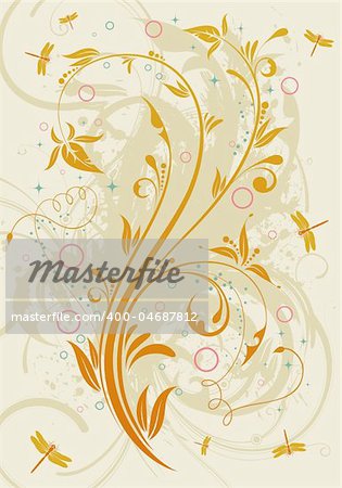 Grunge paint flower background with dragonfly, element for design, vector illustration