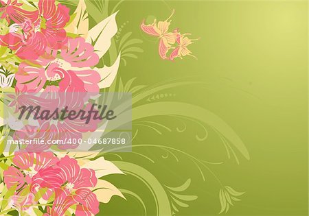 Floral background with butterfly (no transparency), element for design, vector illustration