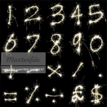 numeric characters and symbols composed of sparkler trails