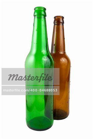 Two beer bottle covered with water drops, isolated on white